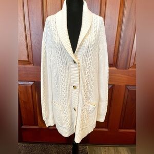 Lands End Cable Knit Cardigan Sweater M 10/12 Shawl Collar Cream/ivory Women